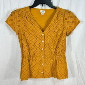 J.Crew Mustard Yellow Eyelet Button Front Peplum Top Womens 2 Cottagecore Blouse